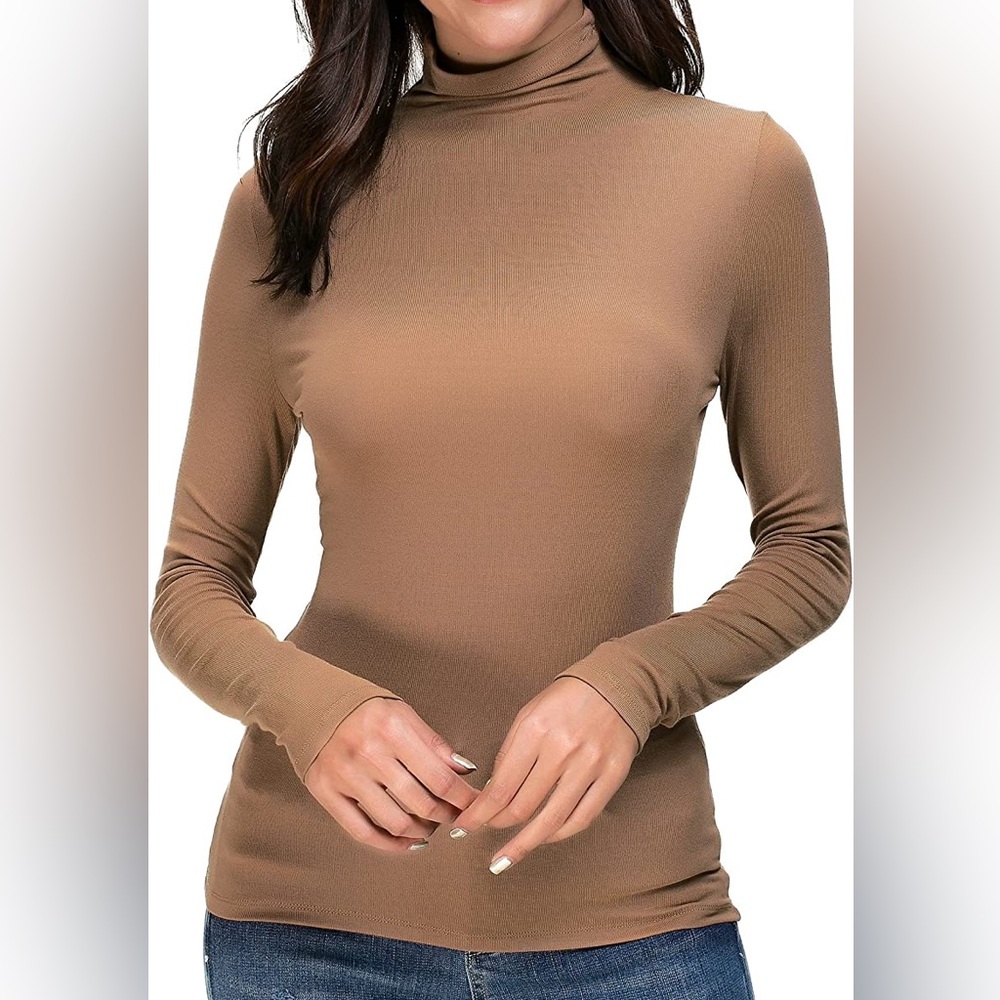 Women's Long Sleeve Mock Turtleneck Stretch Fitted - Coffee - Small